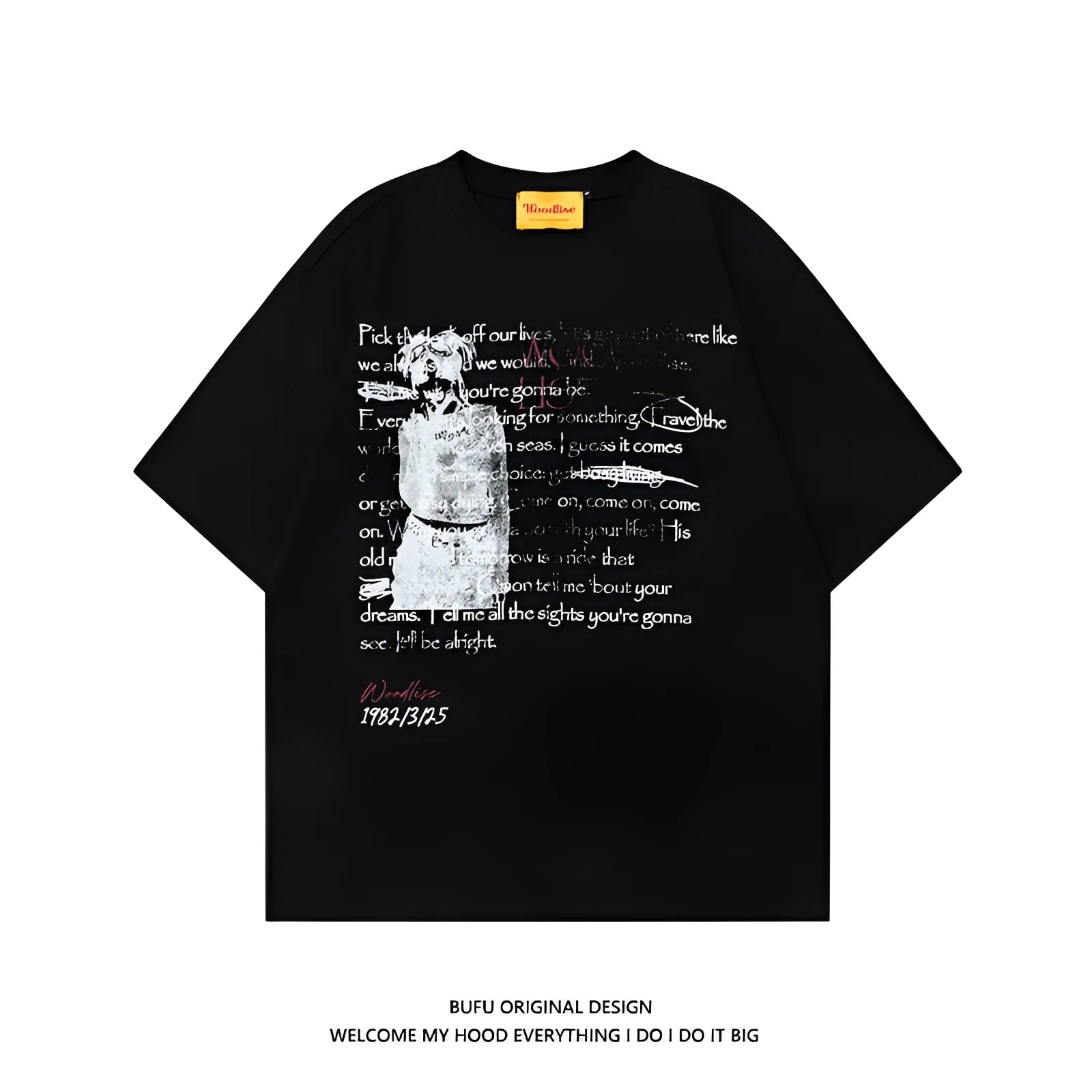 Men's black loose-fit pure cotton T-shirt with white printed letter design and raglan short sleeves.