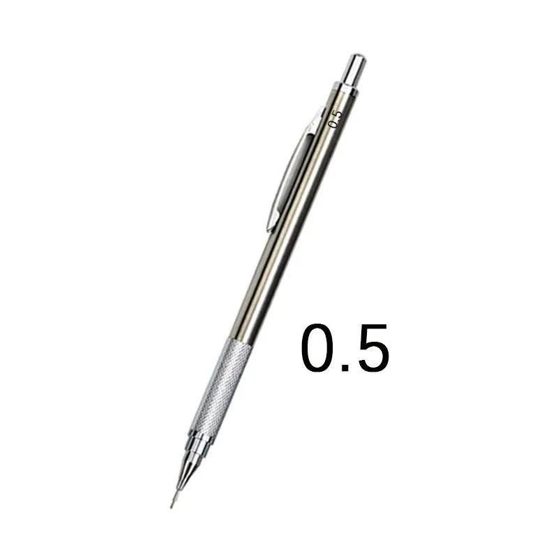 Metal automatic mechanical pencil with multiple lead size options including 0.5mm and 2.0mm diameters