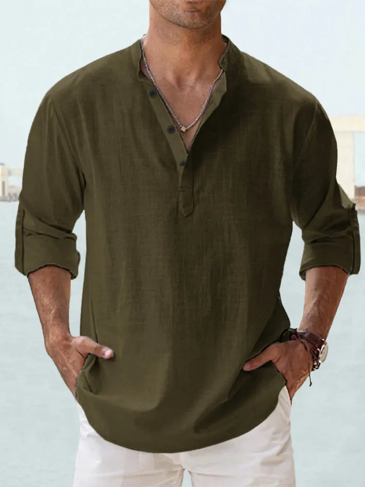 Men's loose fit cotton linen shirt with stand collar, long sleeves, in khaki colour