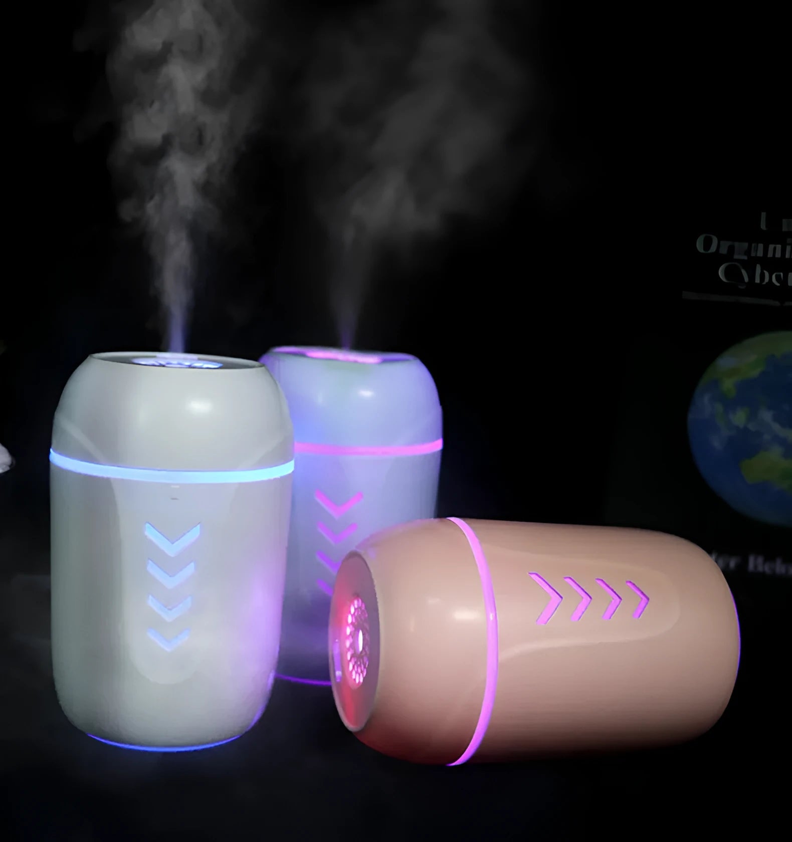 Blue columnar portable car humidifier with USB cable and 200ml water tank.