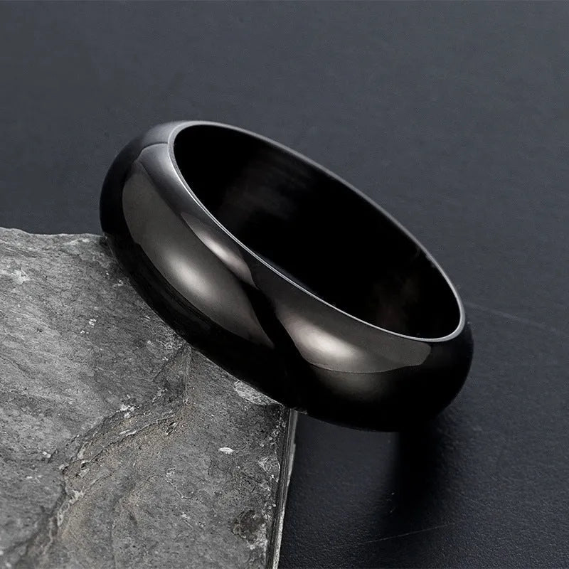 Glossy electroplated titanium steel personality ring in gold, black, or steel colour on size display