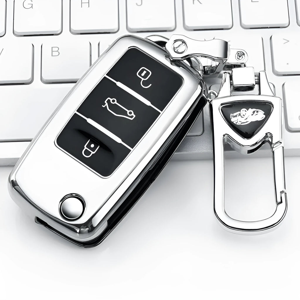 VW Model A folding car key inside a TPU protective case in blue, showing buckle set closure.