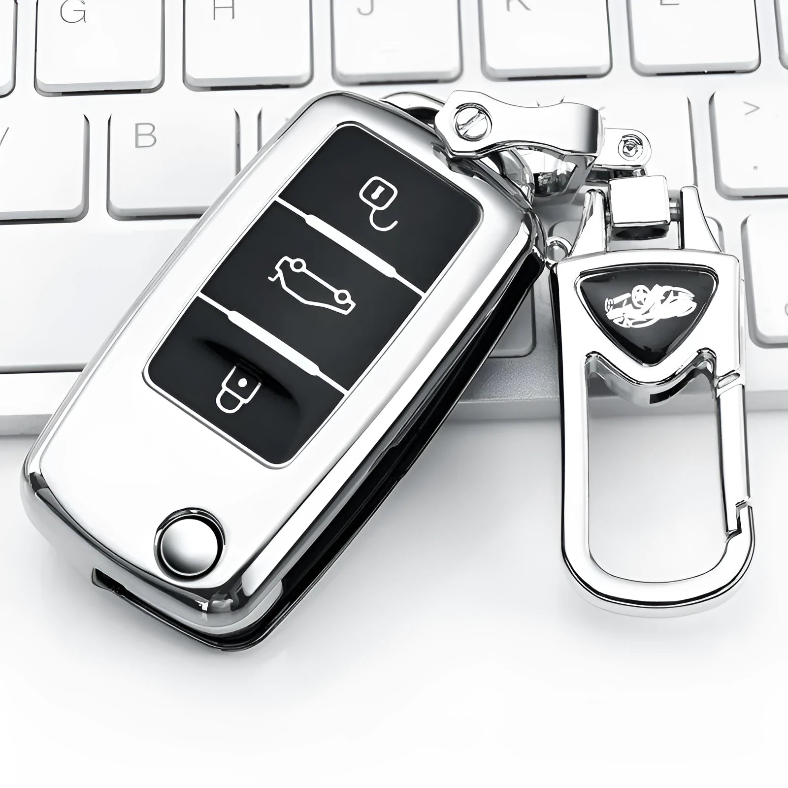 VW Model A folding car key inside a TPU protective case in blue, showing buckle set closure.