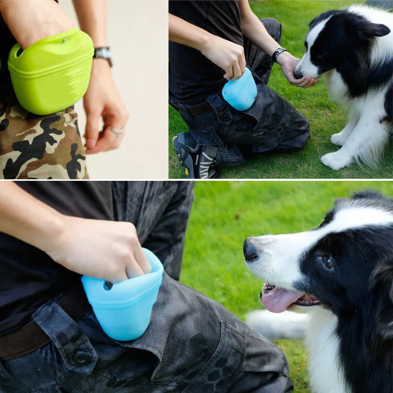 Silicone dog treat bag with belt clip shown in multiple colours