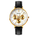 Women's retro round quartz watch with genuine leather strap, rose gold case, black strap, 38mm dial