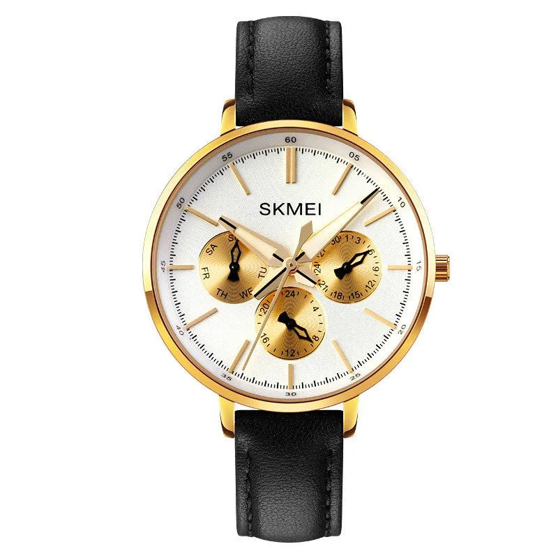 Women's retro round quartz watch with genuine leather strap, rose gold case, black strap, 38mm dial
