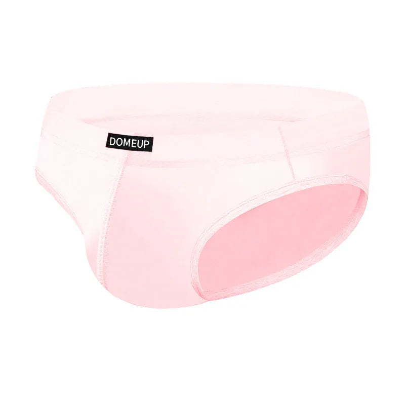 Men's solid colour low waist seamless briefs in white, black, and pink on a size chart.