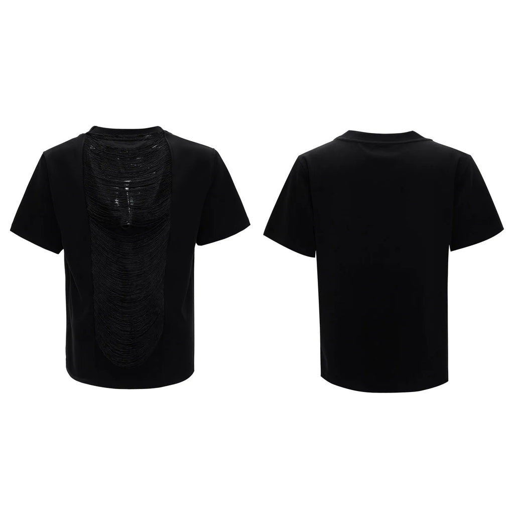 Men's black V-neck loose fit polyester short sleeve T-shirt with three-dimensional cutting
