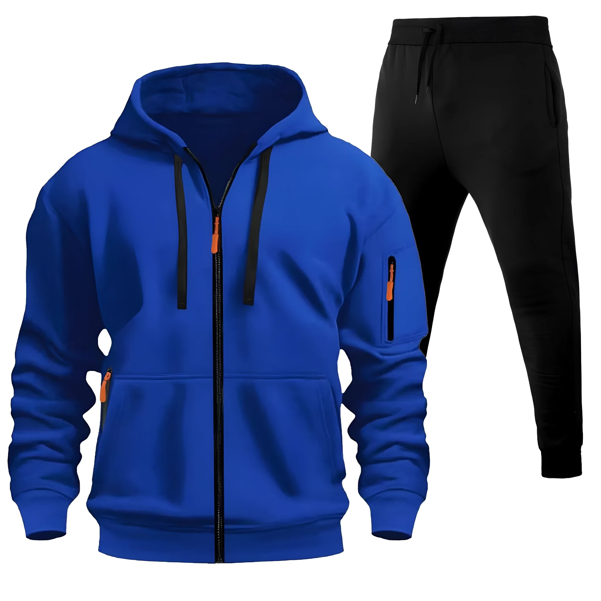 Men's sports hoodie set with zip-up front, multiple pockets, and wool lining in camel colour
