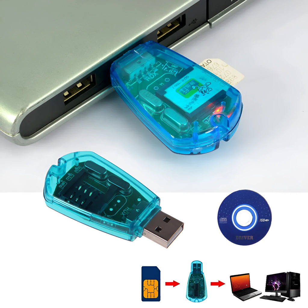 Blue plastic external USB SIM card reader for mobile phone data transfer and computer backup