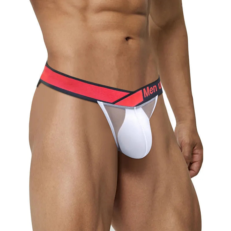 Men's red ice silk nylon briefs with a large V gradient design and high fork cut on a white background.