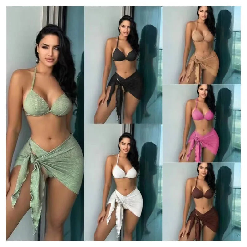 Women's sexy Russian three-piece swimsuit set in a solid colour, showing top, skirt, and panties.