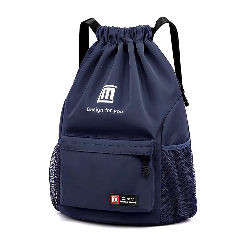 Water-repellent Oxford travel backpack with drawstring closure in black colour showing bucket shape and double shoulder straps