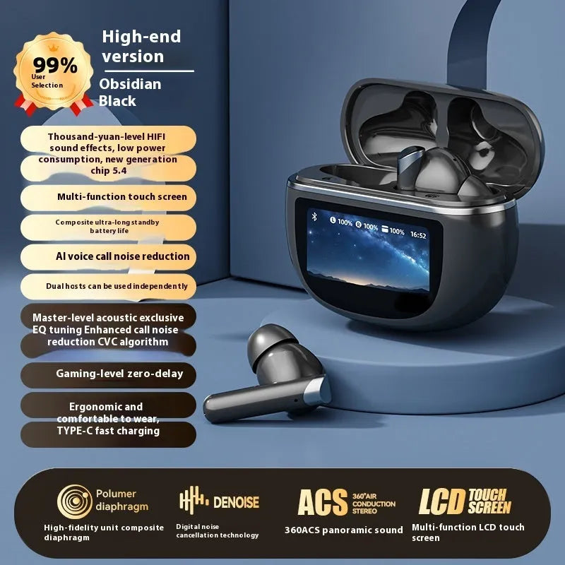 Smart Bluetooth headset in black with digital display screen and breathing light, in-ear style
