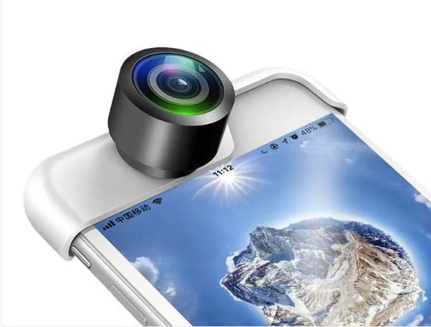 Plug-and-play 360 degree panoramic camera lens accessory for compatible Apple iPhone models.