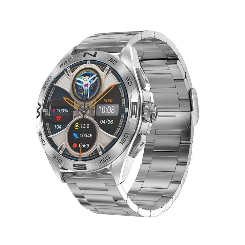 Black smart watch on a man's wrist showing health stats and WhatsApp notification on its IPS touch screen.