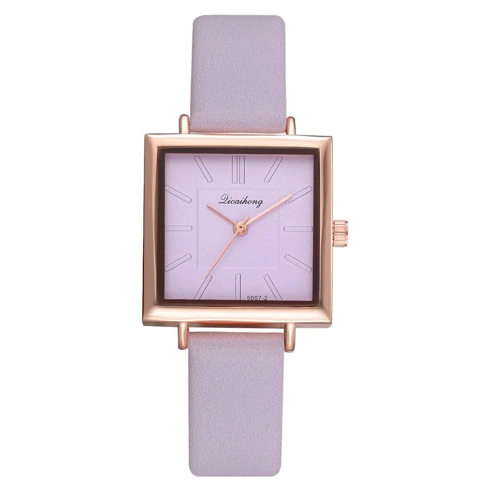 Square women leather crystal quartz wrist watch with glass dial in multiple colours
