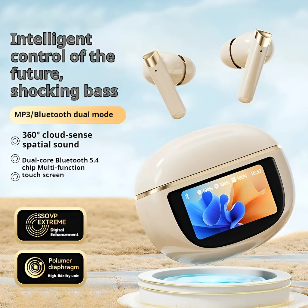 Smart Bluetooth headset in black with digital display screen and breathing light, in-ear style
