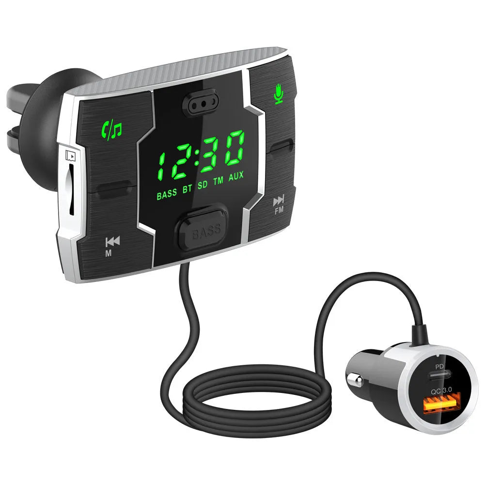 Black car FM transmitter music player with 1.2-inch display for Bluetooth streaming and MP3 playback