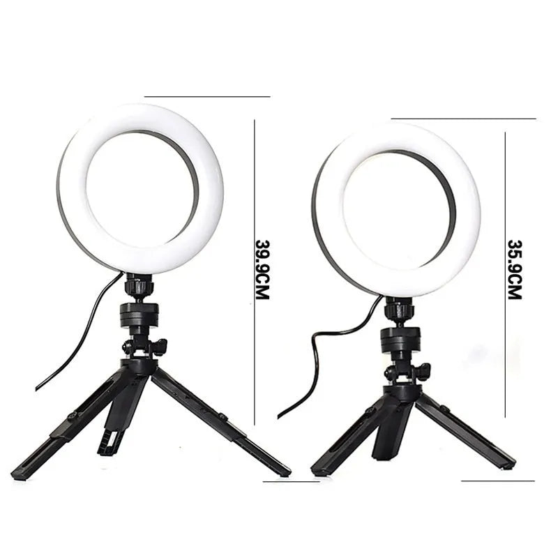 Mobile live streaming bracket with adjustable fill light on desktop tripod in black colour