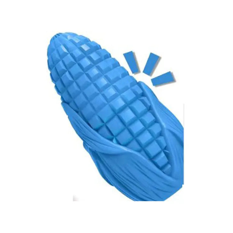 Blue corn-shaped dog chew toy with textured surface for aggressive chewers