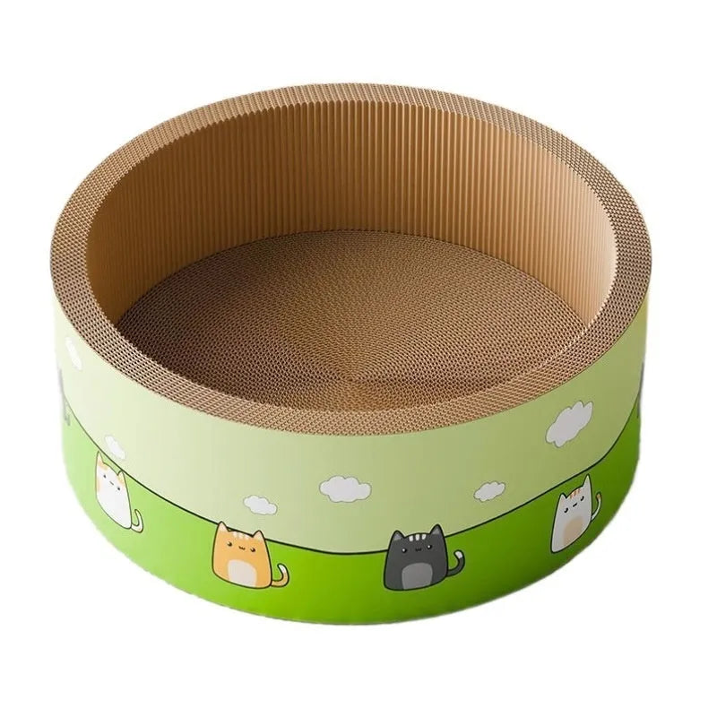 A large, round, beige corrugated cardboard cat scratch board with deep concentric grooves on its surface.