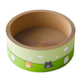 A large, round, beige corrugated cardboard cat scratch board with deep concentric grooves on its surface.