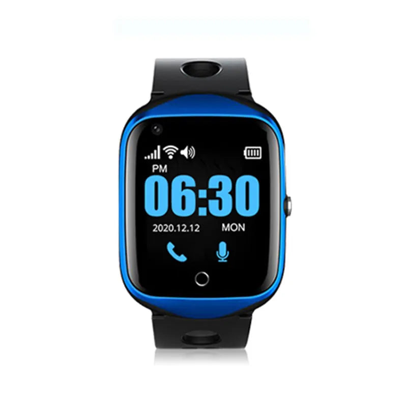 Black elderly smartwatch with square 1.3-inch screen and silicone strap, showing phone and SOS functions.