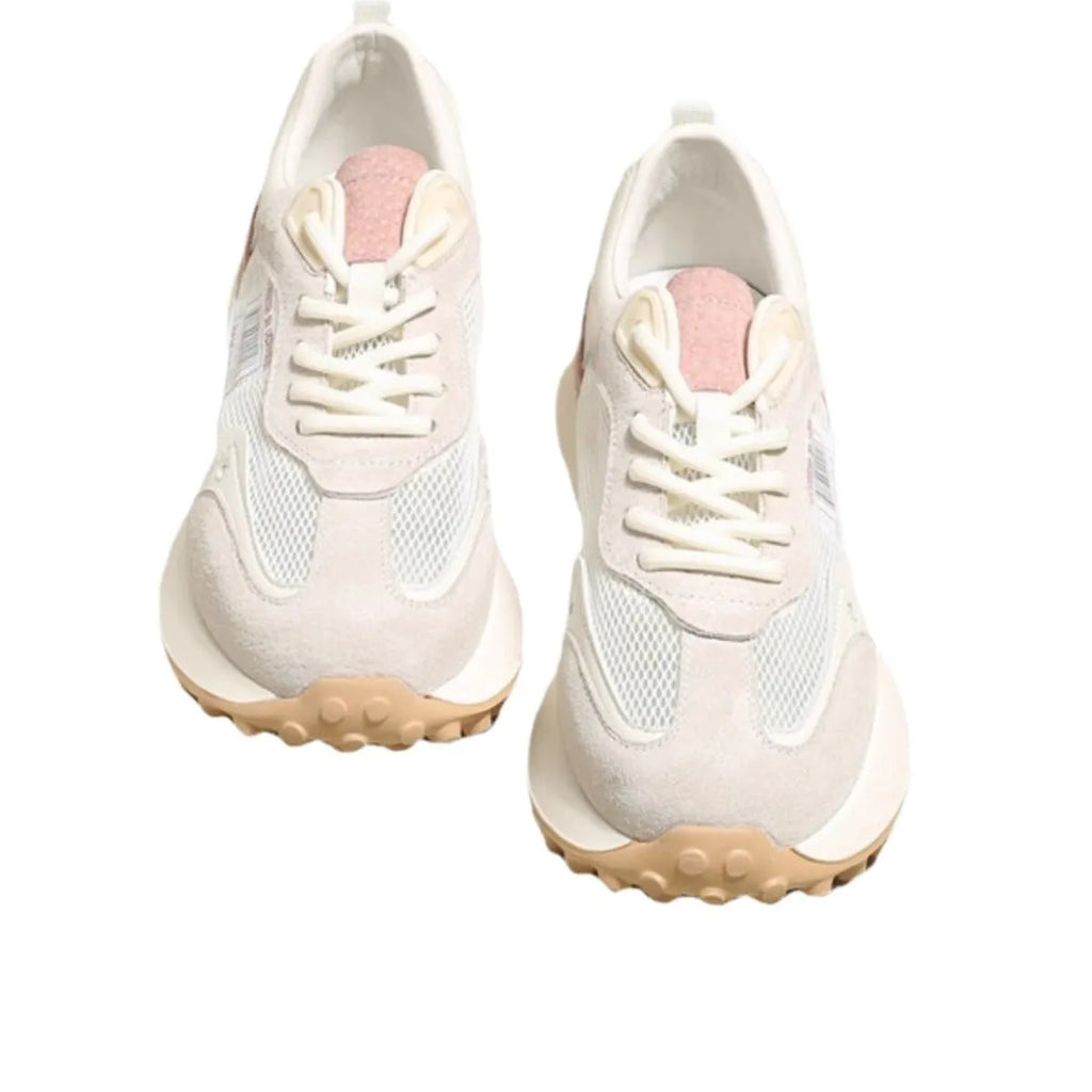 Women's grey and pink retro sneaker with low-top design and flat rubber sole