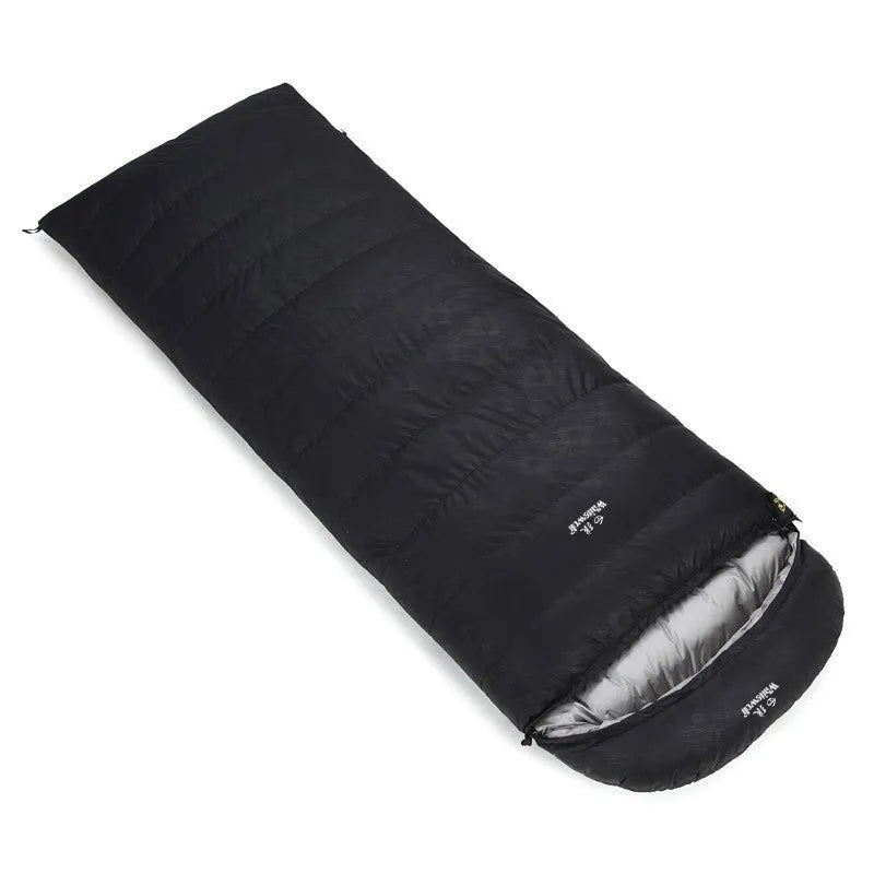 Black outdoor sleeping bag with goose down insulation and tear-resistant nylon fabric for camping.