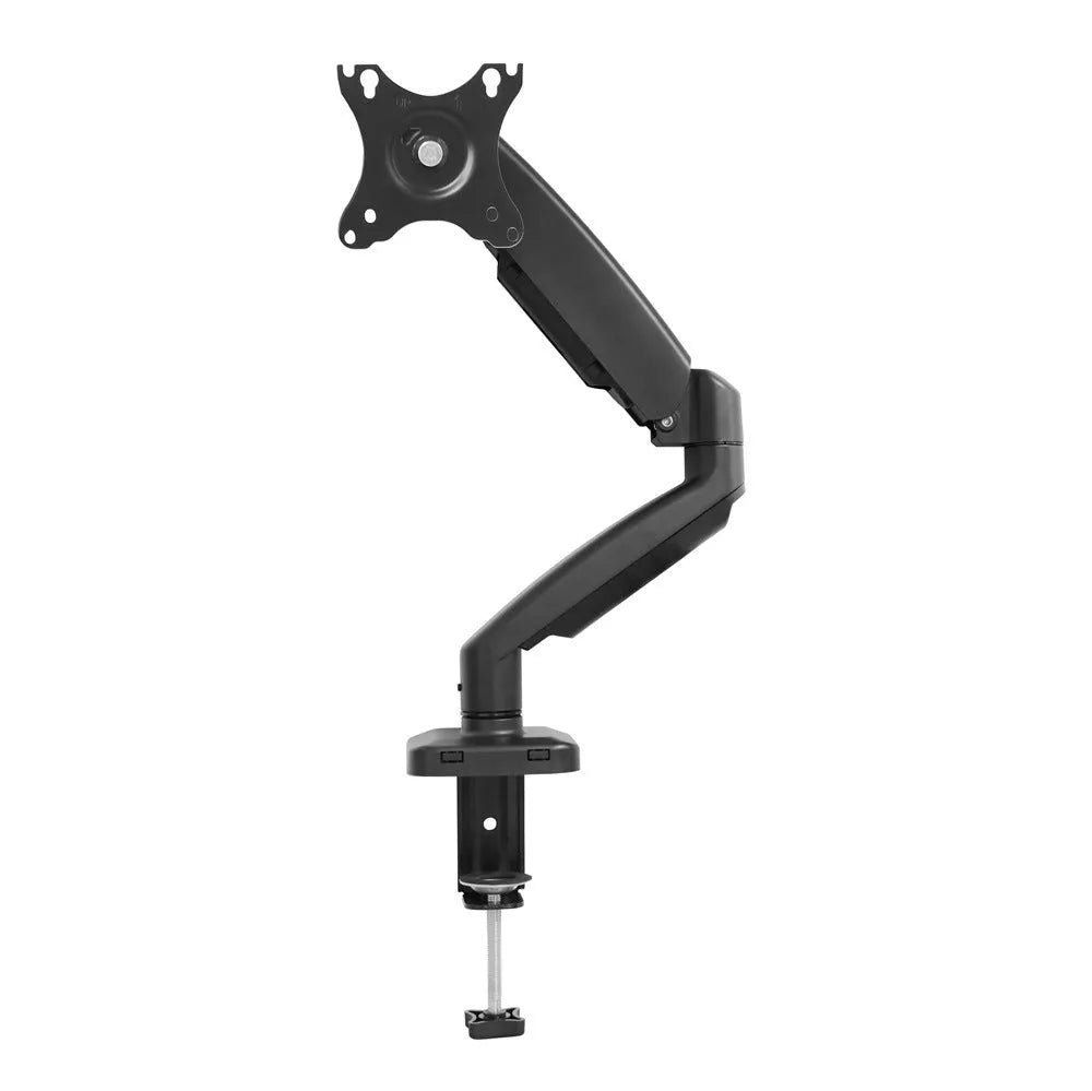 Black rotating telescopic LCD screen bracket with elevated storage rack on desk
