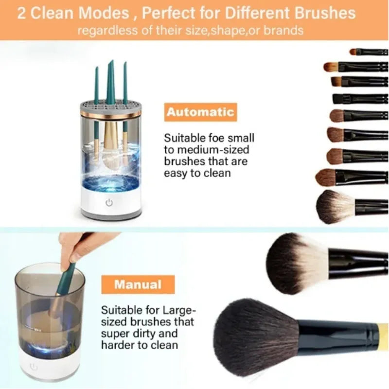 Automatic rotating makeup brush cleaner in grey or white, 16 x 9cm, with USB power cord and one-key control switch.