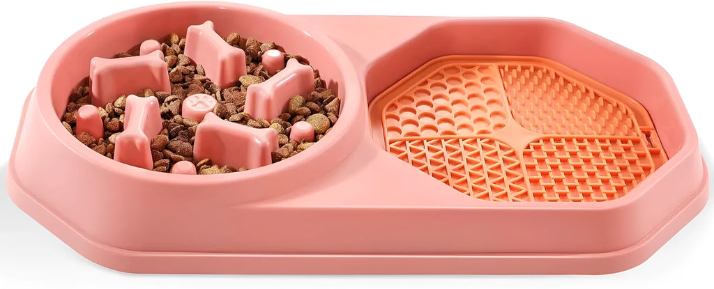 Blue slow feeder dog bowl with maze pattern for anti-gulping, shown with non-slip pads.