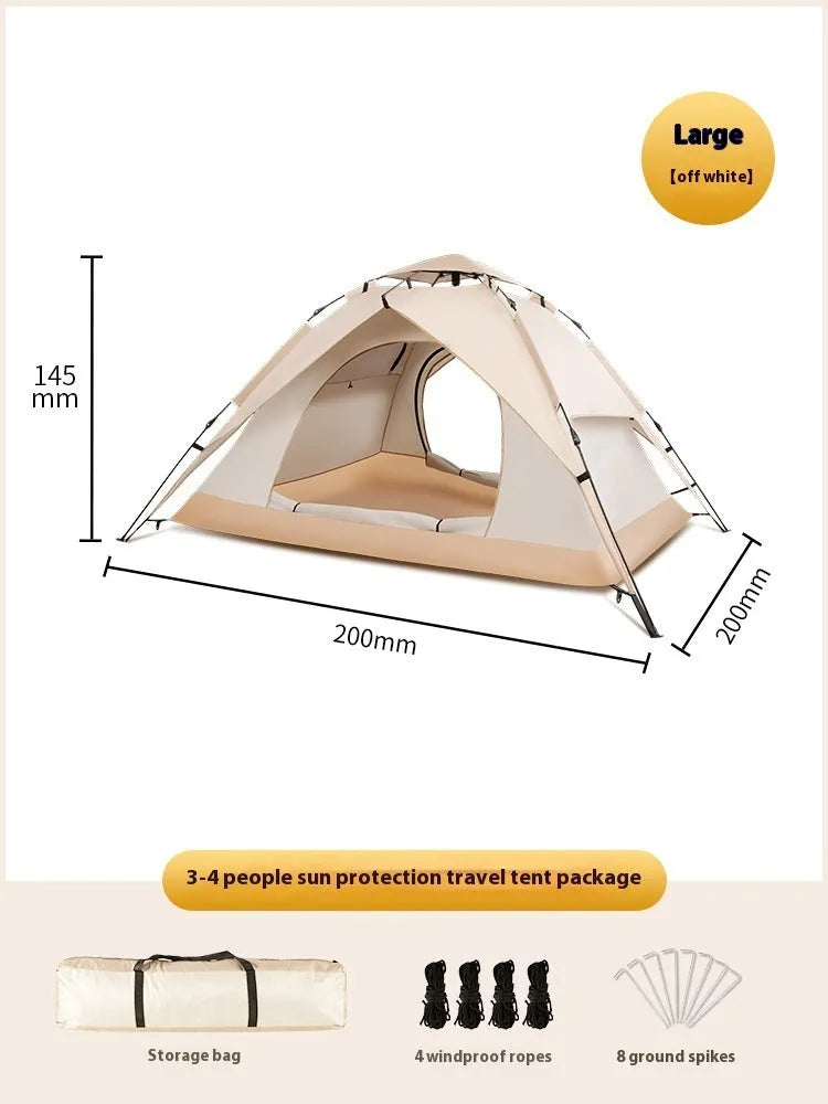 Milky white double-layer Oxford cloth camping tent for 3-4 people with pyramid shape and automatic telescopic rod bracket
