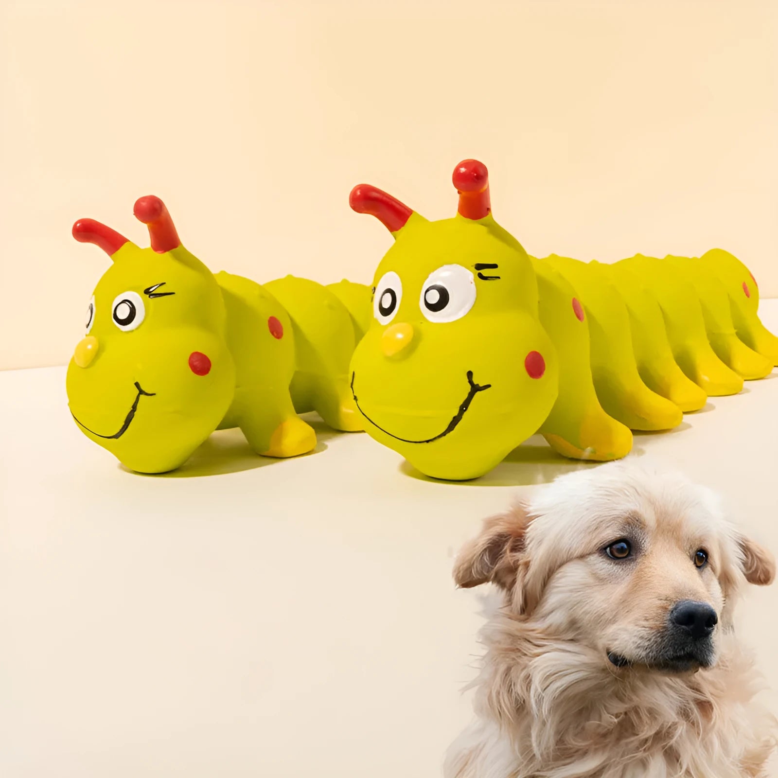 Yellow caterpillar-shaped dog rubber squeaky toy measuring 25.5cm long