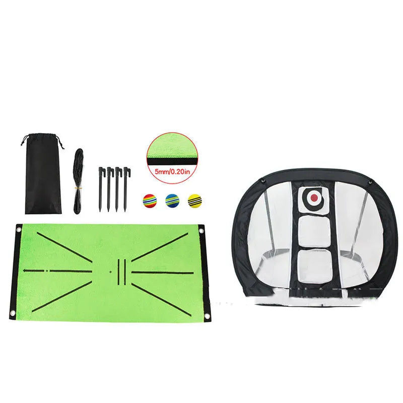 Indoor golf practice cutting pad with crystal swan suede surface and three rainbow balls on SBR base