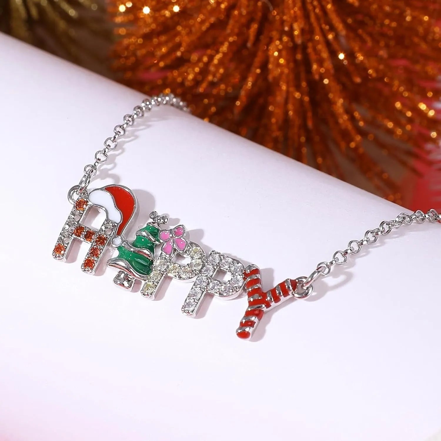 Santa Christmas Tree letter strings necklace with HAPPY text on alloy pendant regular chain