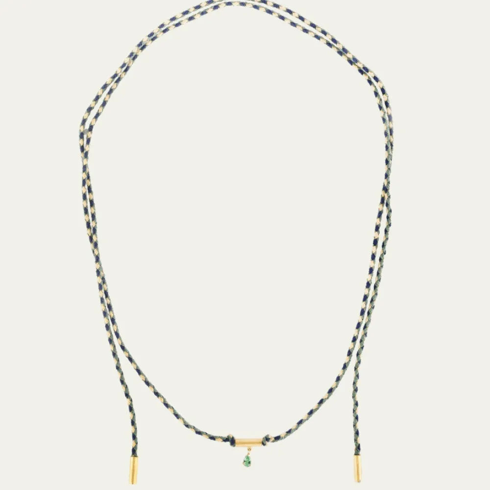 Gold plated copper twin necklace with braid rope chain and emerald-coloured geometric ellipse pendant for women