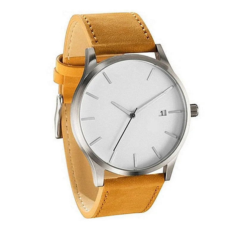 Casual quartz watch with 42mm dial, matte leather strap, calendar display, black dial, spiral crown