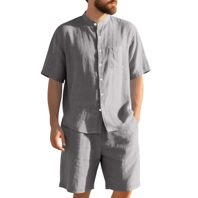 Men's linen blend summer suit with Henry collar shirt and matching shorts in multiple colour options
