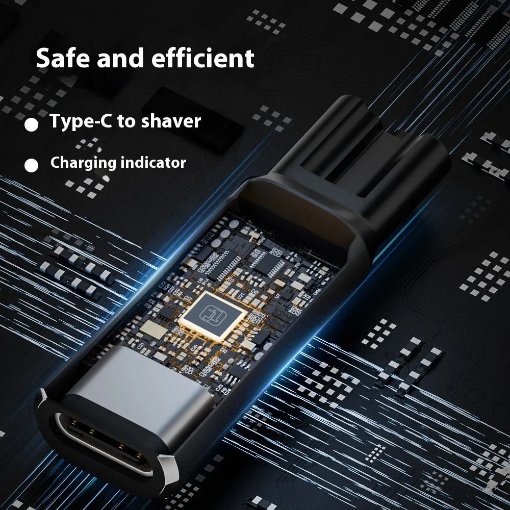 USB-C charging adapter for electric shaver with aluminium alloy case in black or grey colour