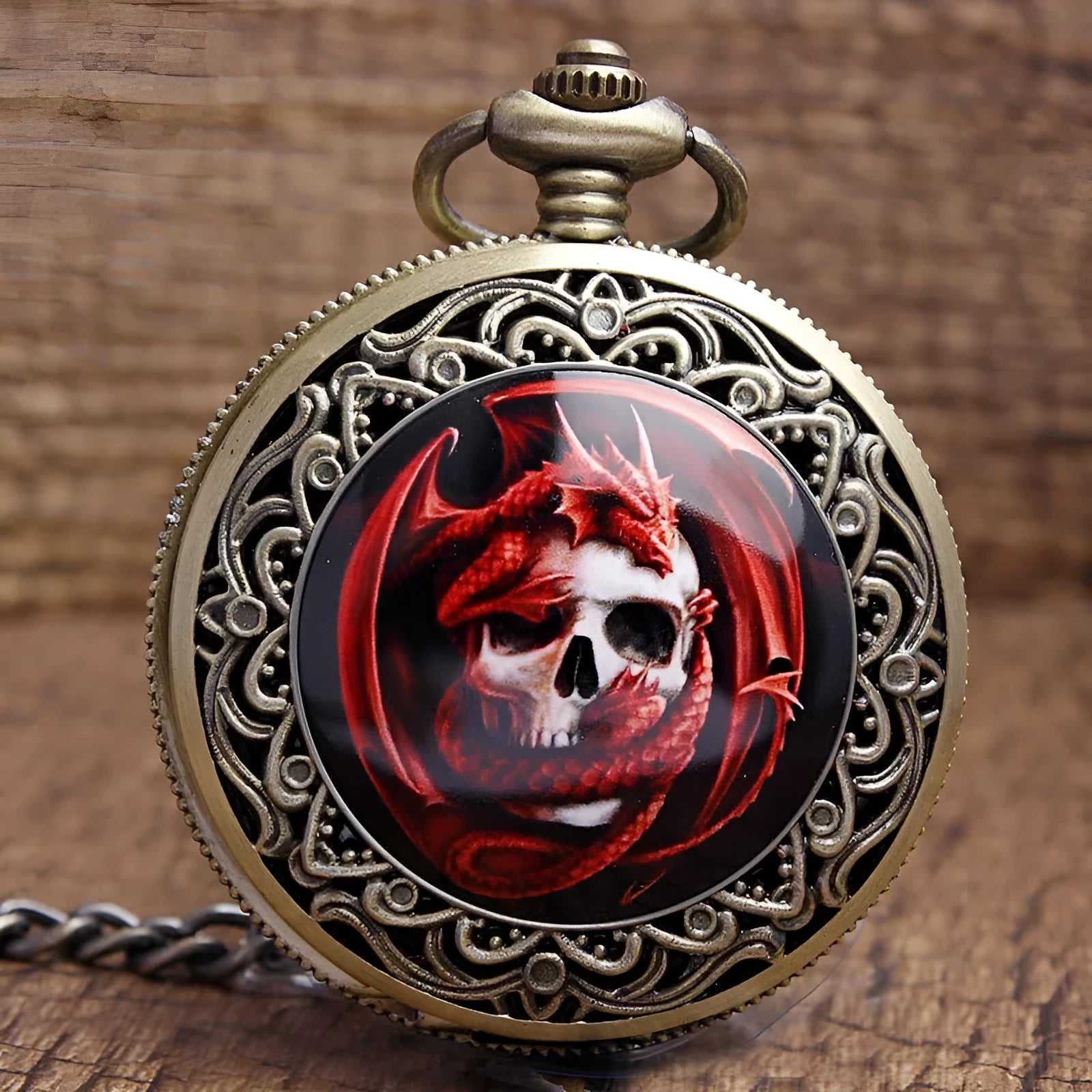 Classical retro plus-sized ceramic pocket watch with bronze skull design and chain