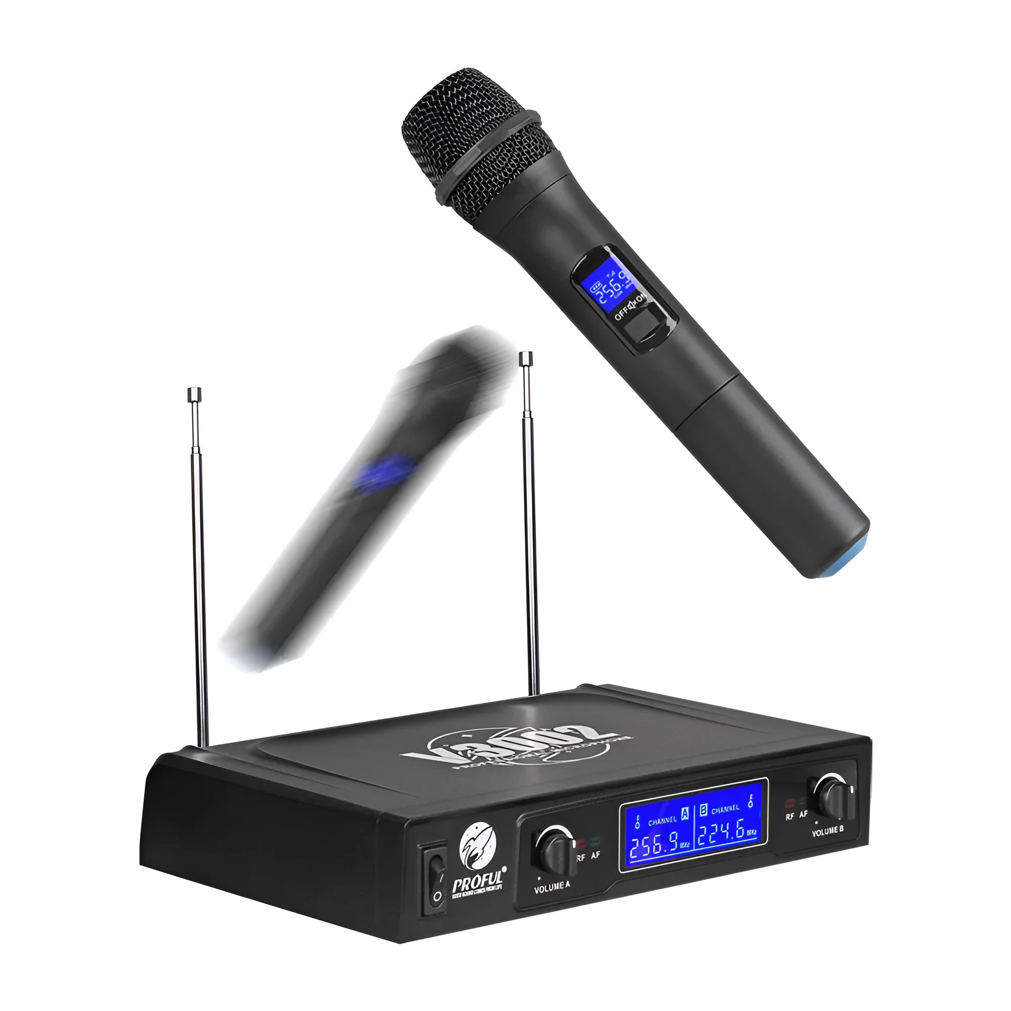 V-3002 wireless handheld microphone system with two black microphones and compact transmitter unit