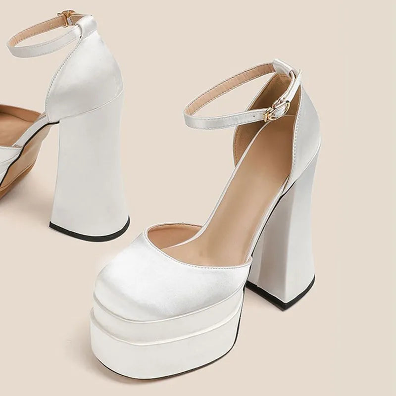 Women's white waterproof platform pumps with chunky 6-8cm heels and round toe design