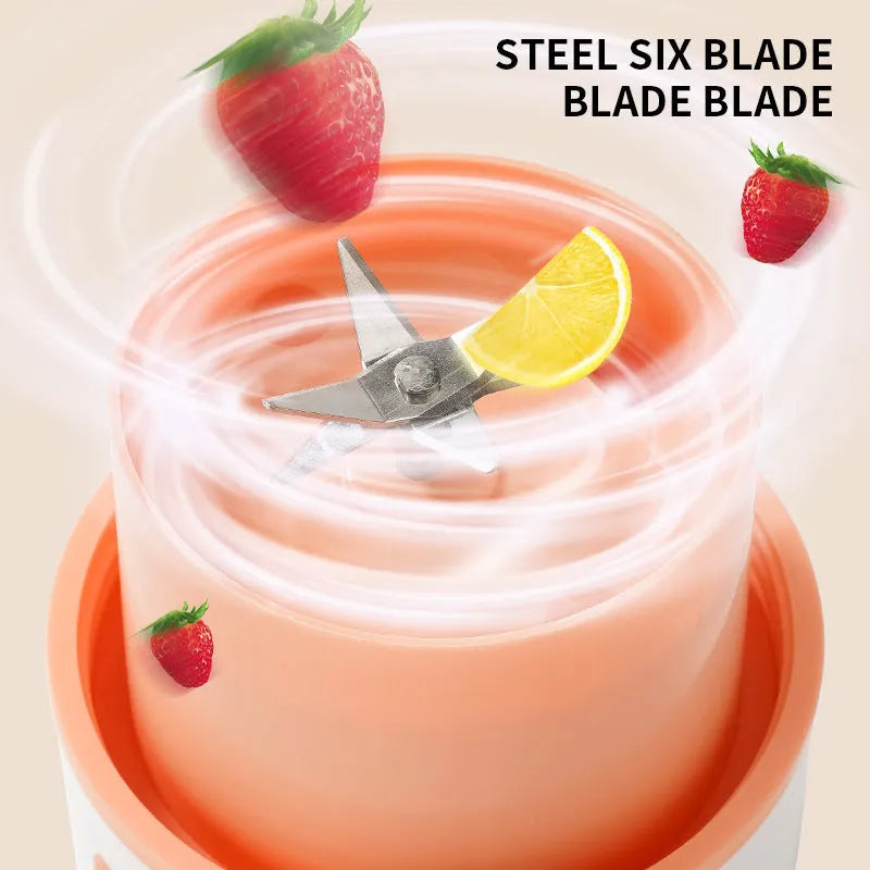 Portable USB electric juicer with 400ml PC food-grade plastic cup, available in blue, green or orange.