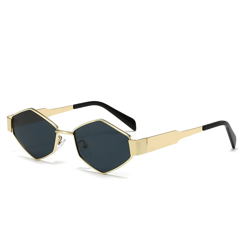 Metal polygon rhombus sunglasses with hexagonal frame in gold and blue lens