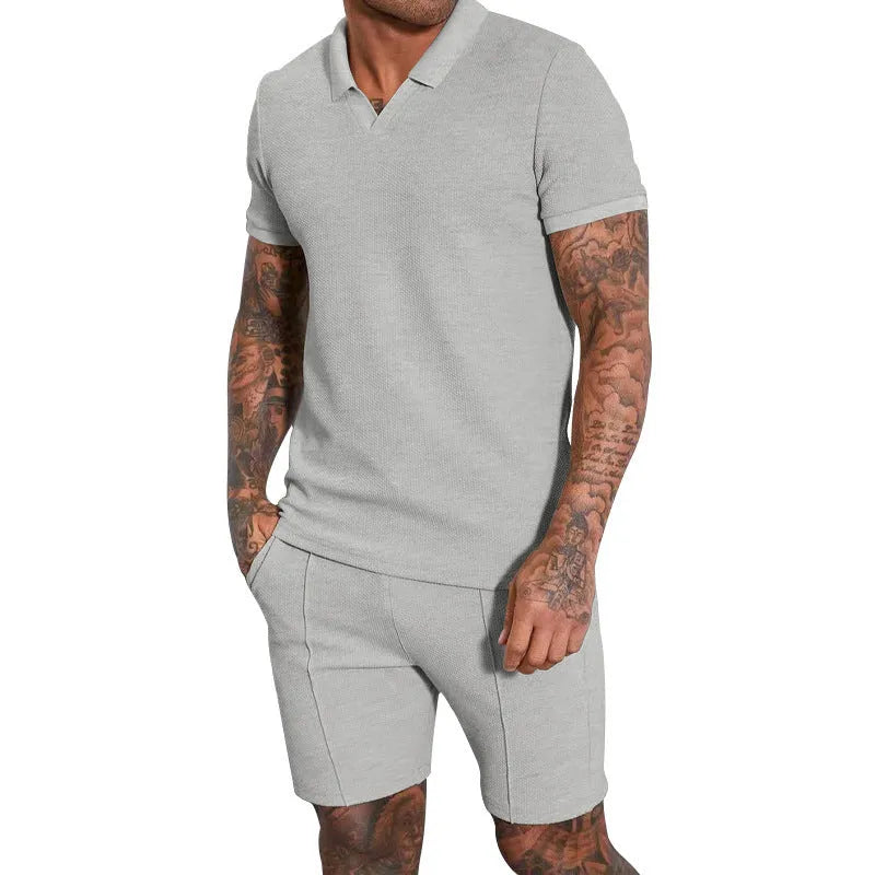 Men's two-piece lapel polo suit set in khaki, polyester fiber, matching top and trousers