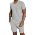 Men's two-piece lapel polo suit set in khaki, polyester fiber, matching top and trousers