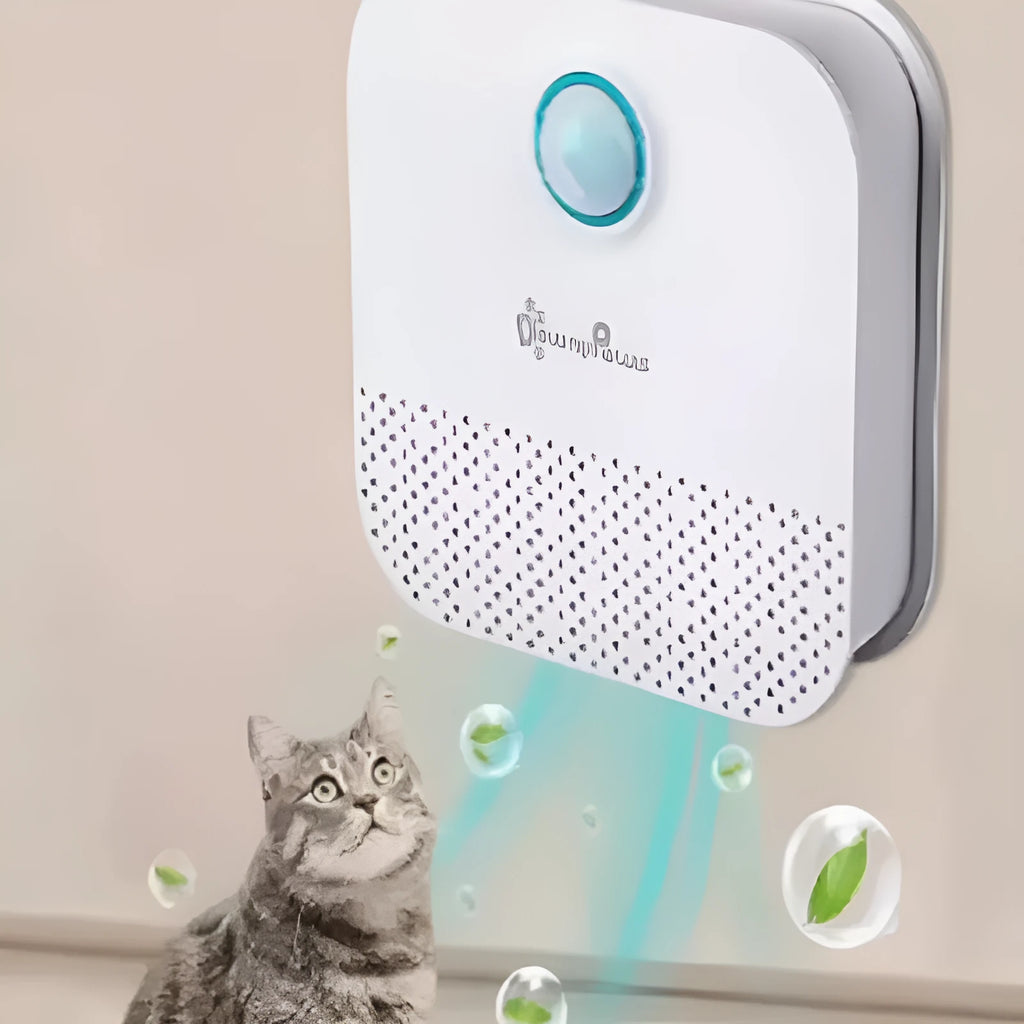 DownyPaws white smart cat odour purifier showing compact 9.2cm square design for litter boxes.