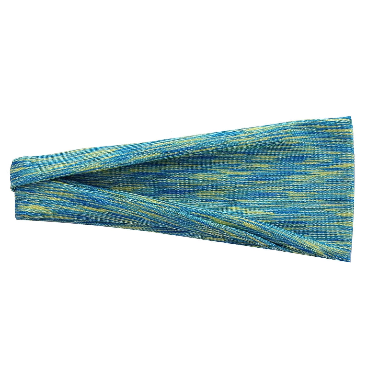 Placed flat, a plaid pattern sports headband in a neutral colour, with geometric elements at the centre
